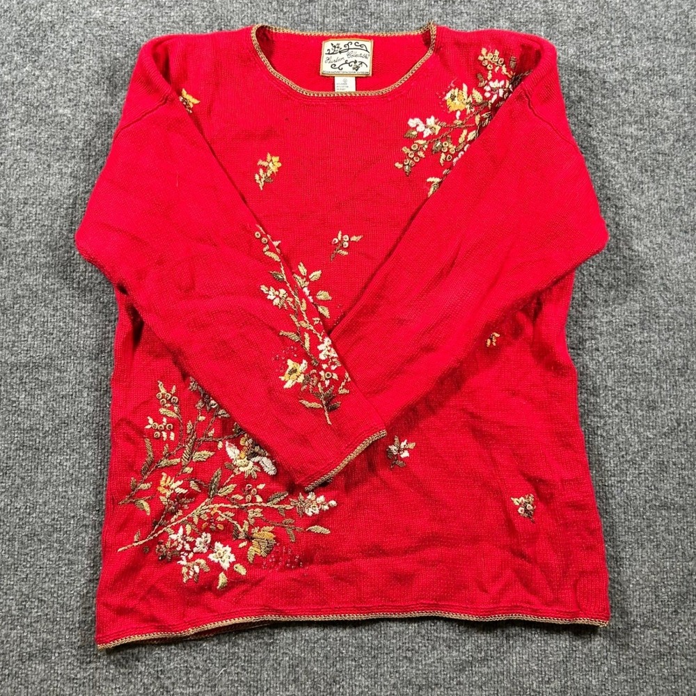Heirloom Collectibles Sweater Womens Size M Red Floral Embroidered Ramie Cotton